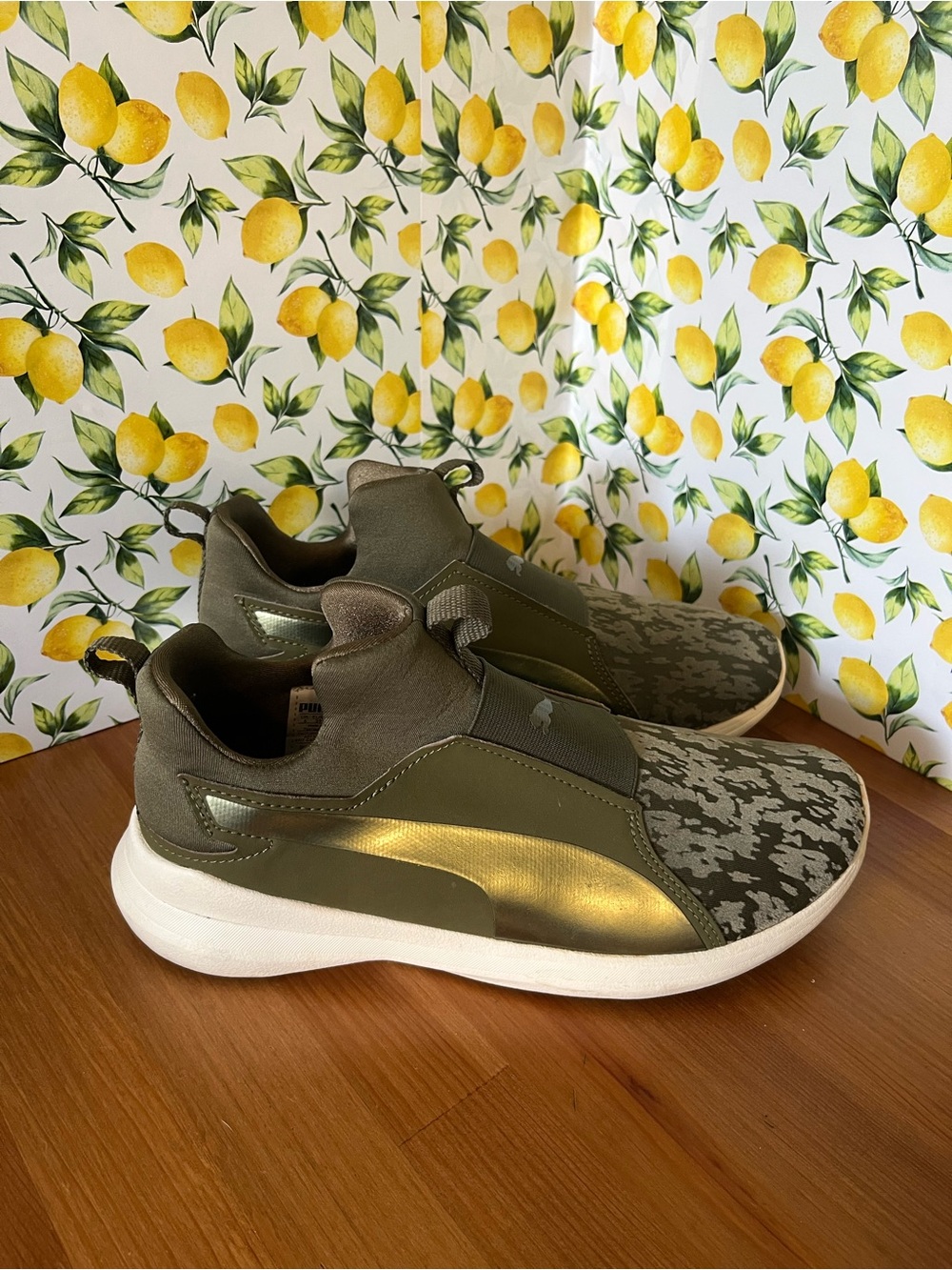 Puma Womens Olive Green and Gold Slip-On Sneakers size 8.5